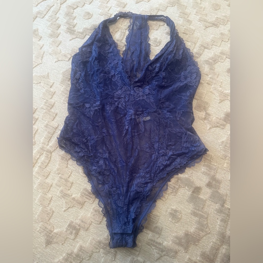 Free People Lace Halter Bodysuit in Navy